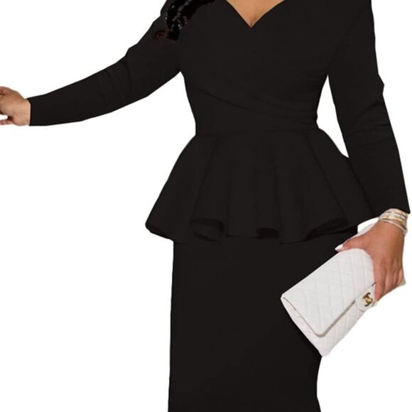 Women Vintage Ruffle Peplum Midi Dress Sexy V Neck Off Shoulder Formal - Picture 1 of 4